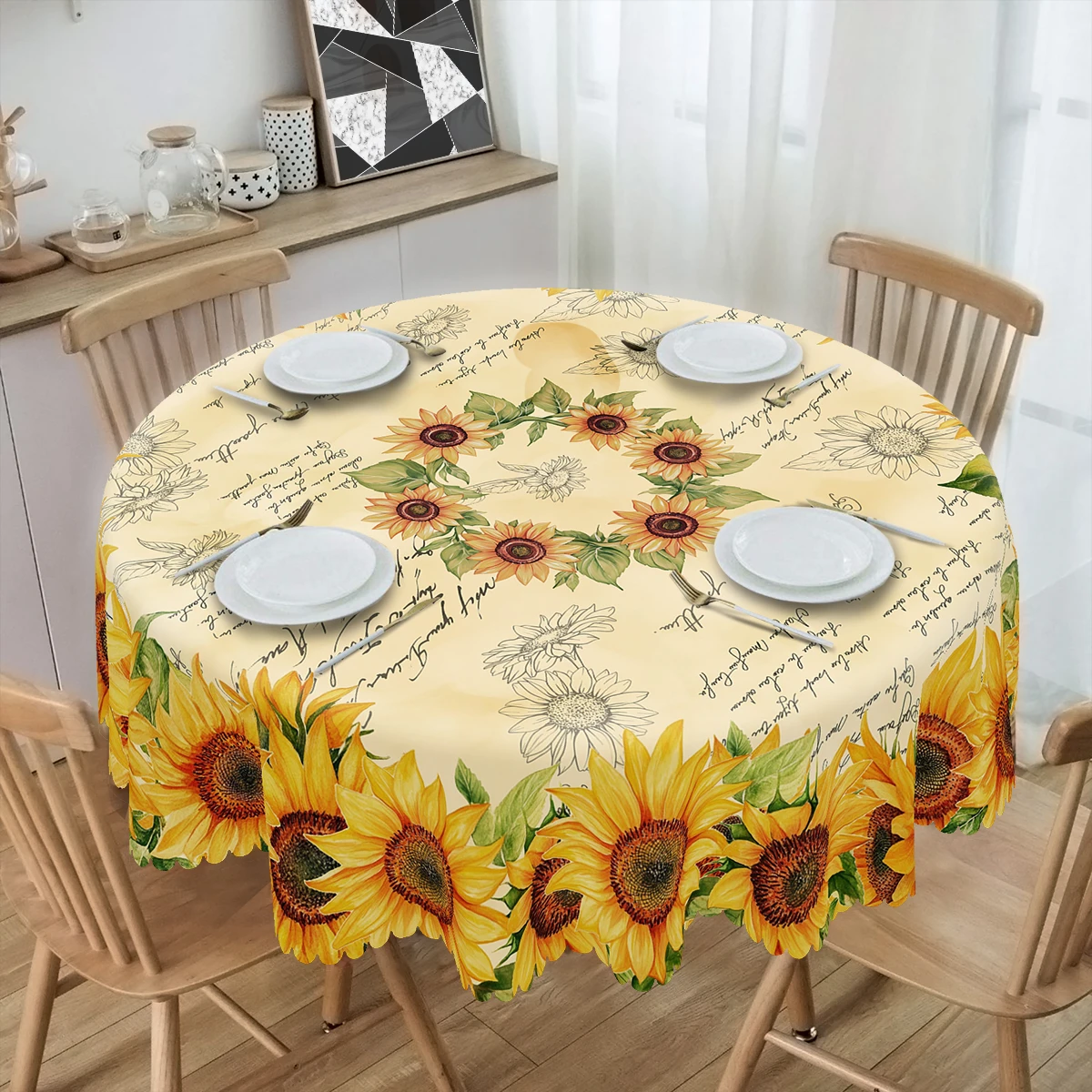 1 Piece of Spring and Summer Sunflower Print Round and Rectangular Tablecloth, Available in Various Sizes, with a Light Beige Background and Warm Yellow Sunflowers Interwoven, Paired with a Printed Tablecloth with Vintage Handwritten Text, Featuring Embossed Edges, Suitable for Home Dining Rooms, Outdoor Picnics, Spring and Summer Atmosphere Decoration, and Four-Season Home Decor