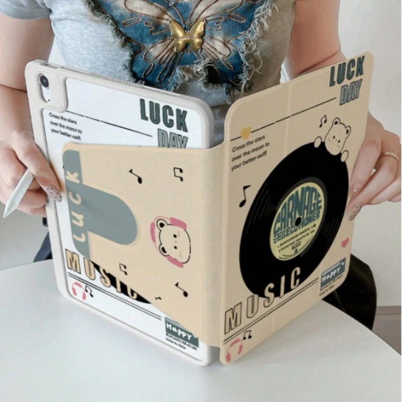 Rotation Cover for IPad Air 6 Case IPad 10th Gen Air 5th 4th 10.9 Pro11 2nd 3rd 4th IPad 10.2 7th 9th 8th Gramophone Record Bear