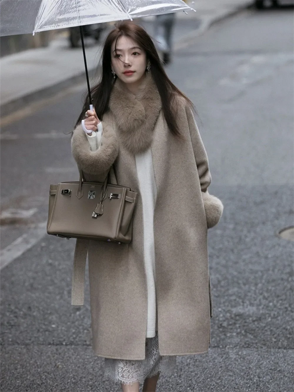 2024 Autumn Winter New Fur Sleeve Detachable Real Fox Fur Collar Wool Jacket Women Long Loose Belt Fashion Woolen Coat Female