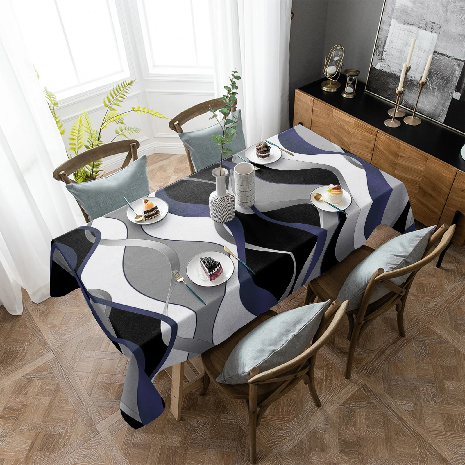 

Abstract Line Gradient Navy Blue Waterproof Tablecloth Party Decorations Supplies Rectangle Table Cloth for Kitchen Table Decor