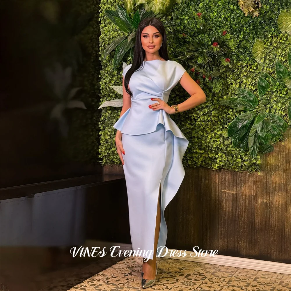 

VINES Light Blue Formal Dress Short Sleeves Prom Dresses Round Neck Stylish Celebrity Dress High Slit Evening Dress Customized