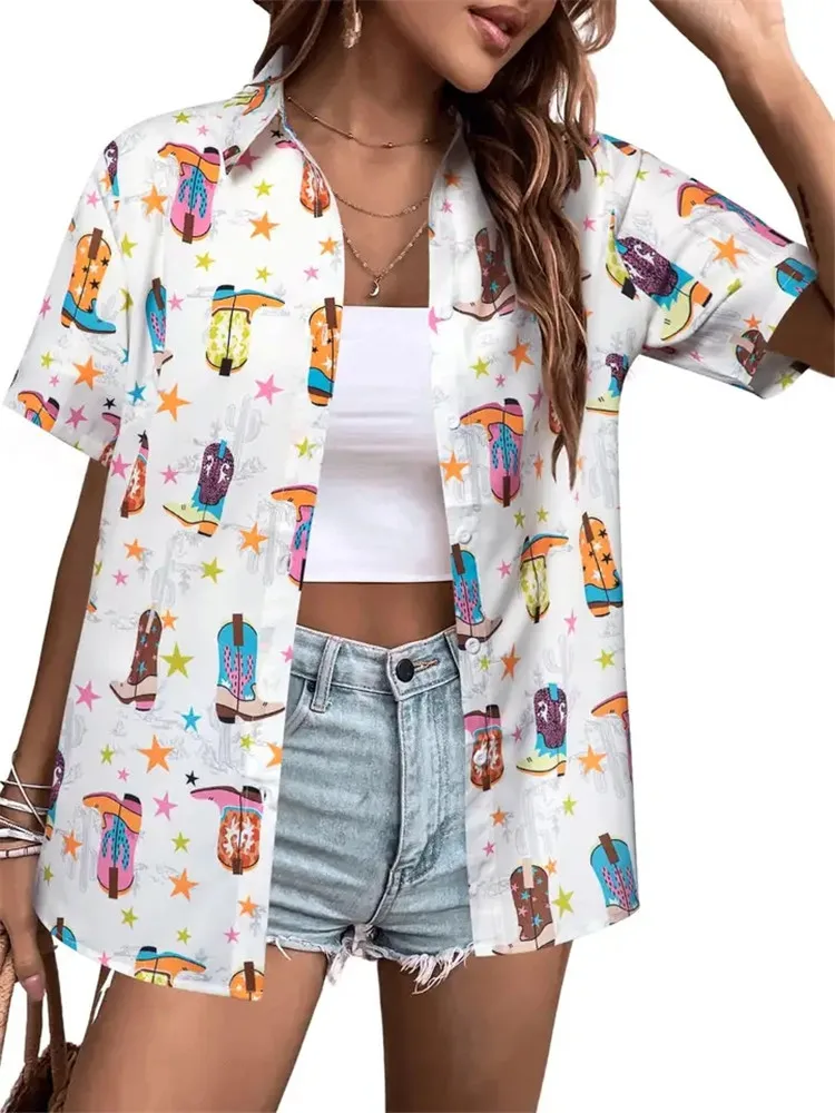 

Summer Fashion Women's Blouse Artistic Flower Horse Racing Print Short Sleeve Lapel Casual Button Shirt Top Women Hawaiian Shirt