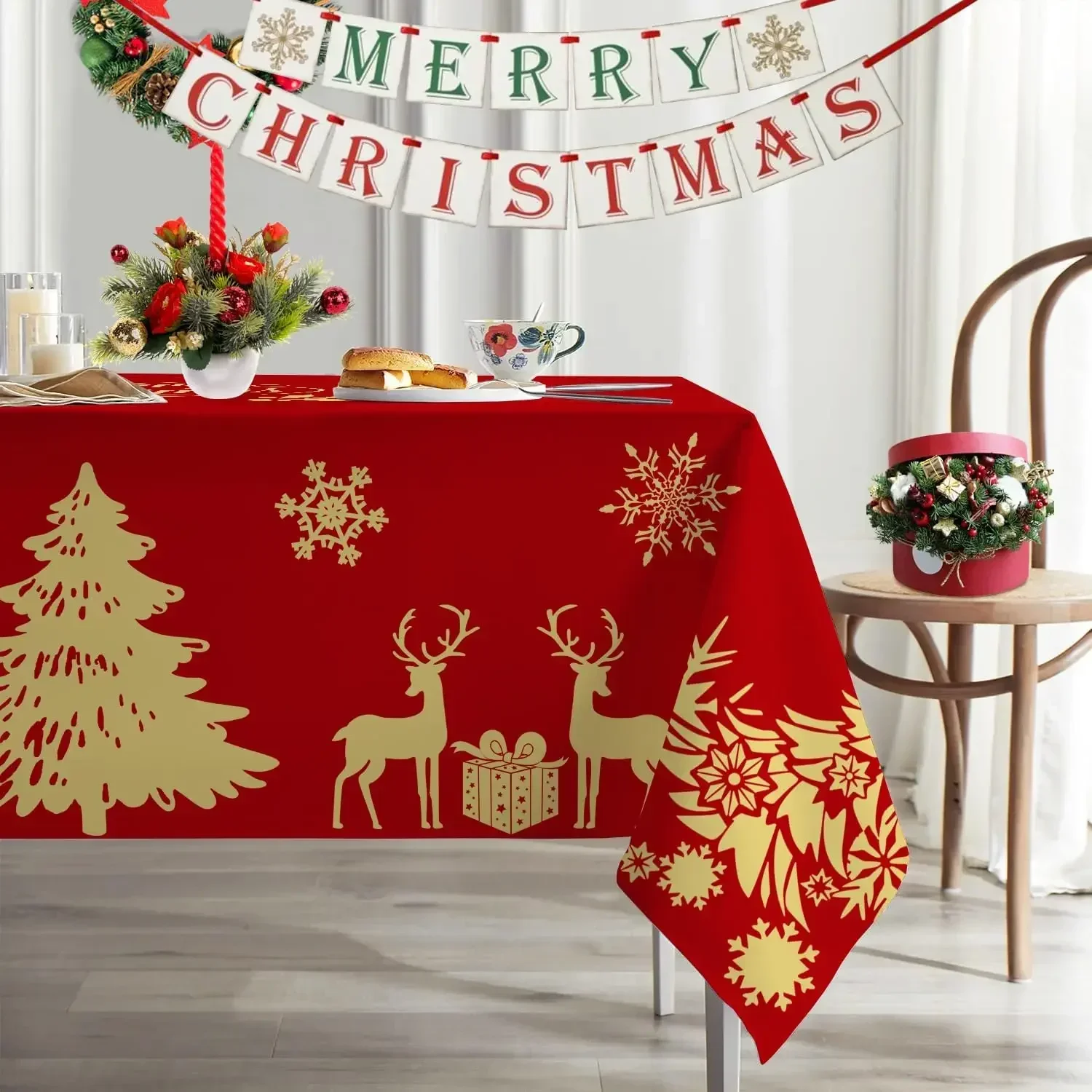 Merry Christmas Rectangle Tablecloth Golden Deer Christmas Tree Red Table Cloth for Party Dining Room Home Kitchen OMW5-D