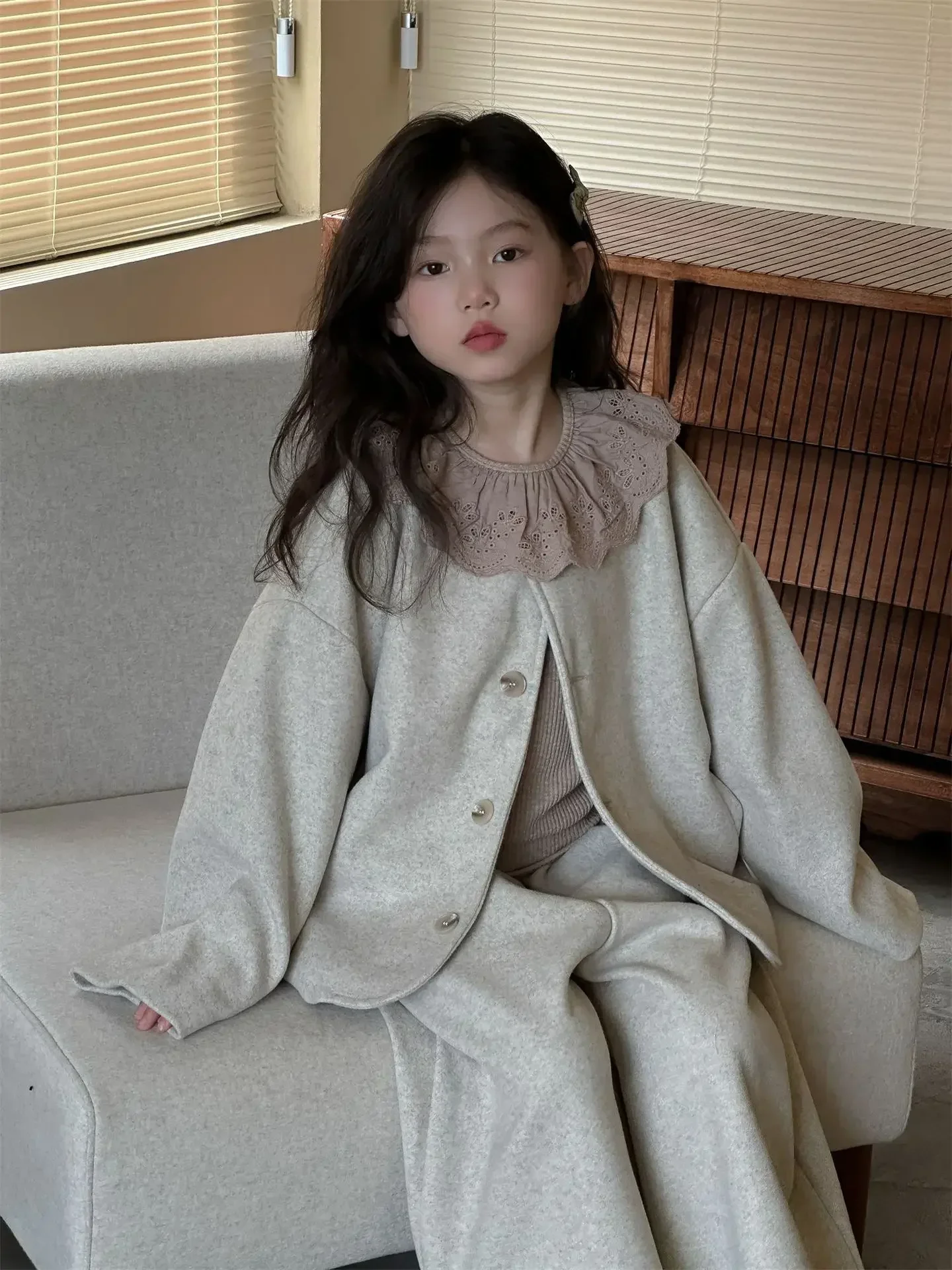 Childrens Sets Girl Korean Childrens Clothing Woolen Suit 2024 New Product Two Piece Set Autumn Winter Collar Loose