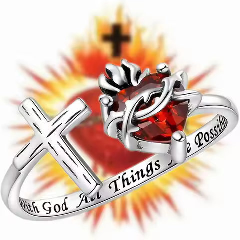 Huitan Red Heart Cubic Zirconia Opening Cross Rings for Women Antique Silver Color Religious Ring Hip Hop Vintage Female Jewelry