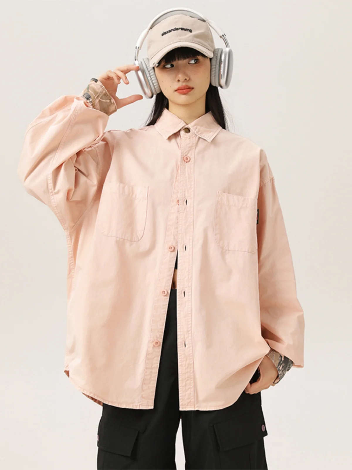 

American Retro Pure Color Long Sve Work irt Men's Spring Loose Couple Collar Pure Cotton irt Jaet Trendy