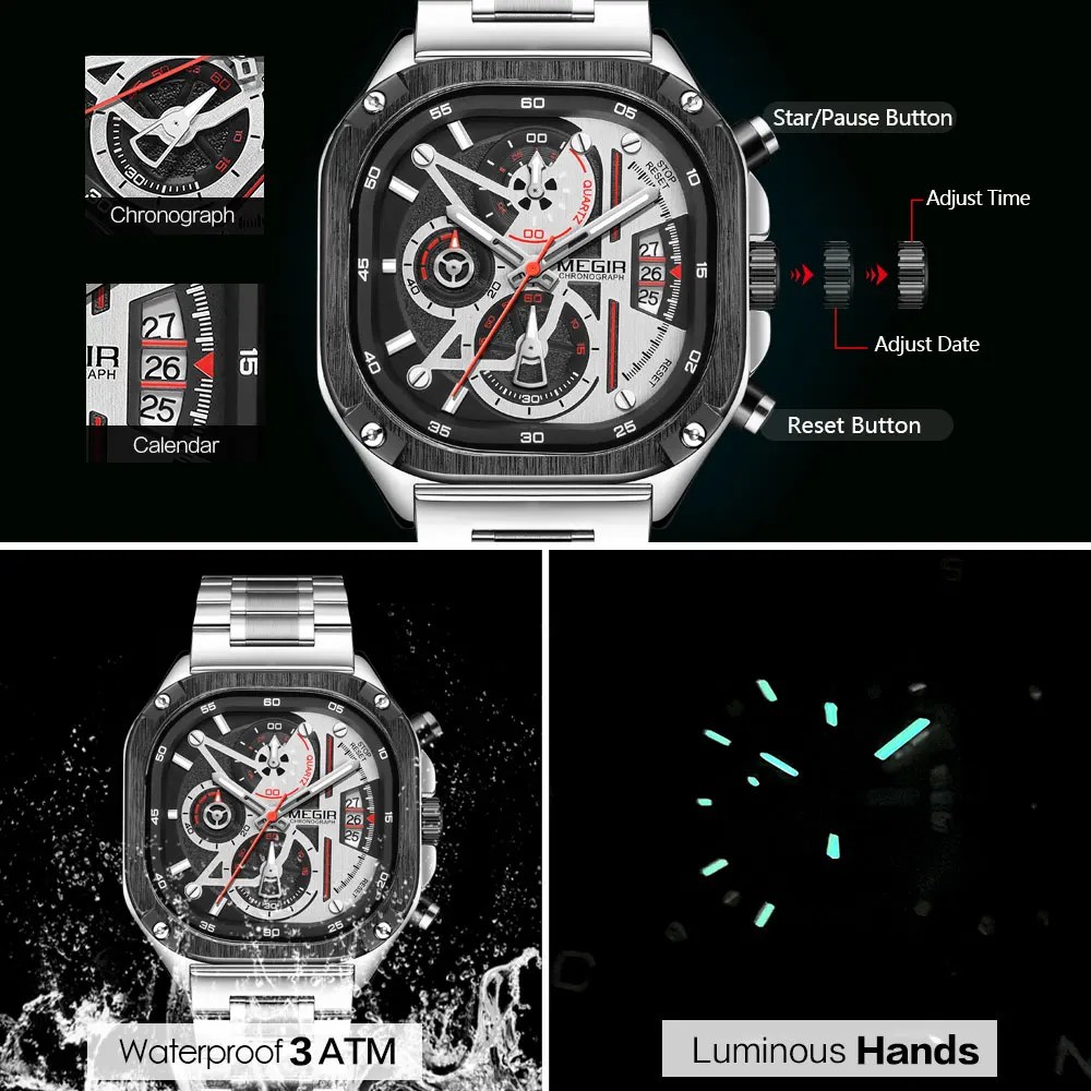 MEGIR Square Dial Quartz Watch Men Fashion Chronograph Stainless Steel Strap Wristwatch with Luminous Hands Auto Date Silver