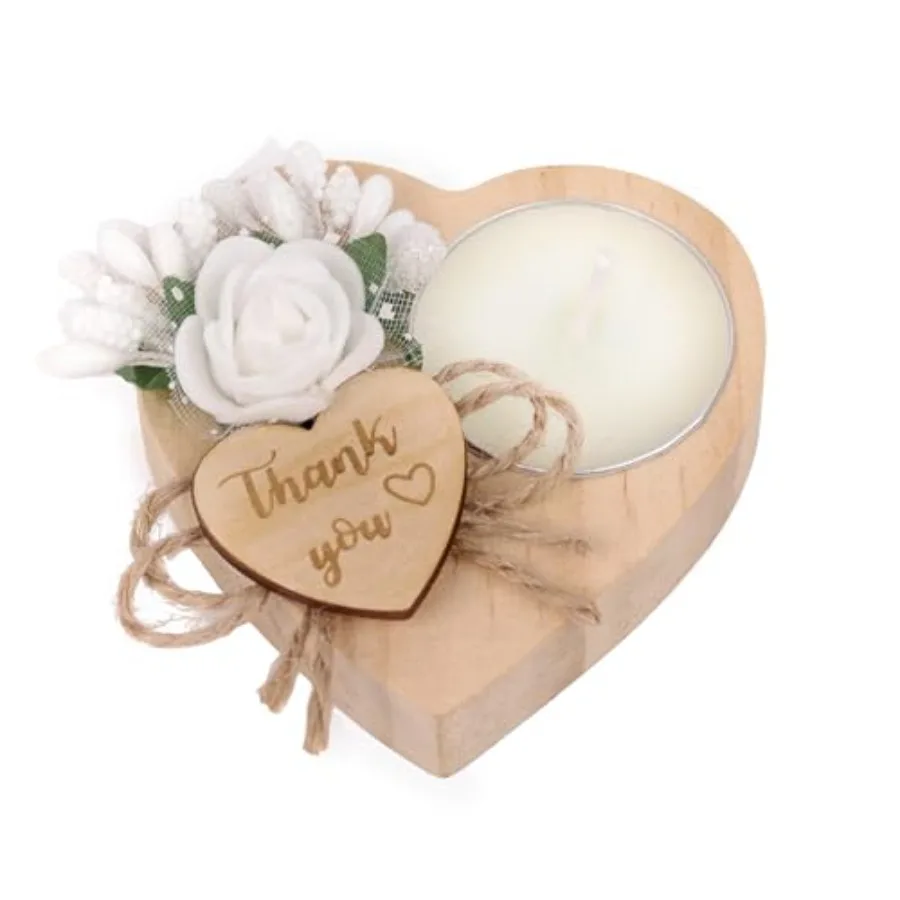 50 Pcs Wooden TeaLight Set with Heart Candle Holder for Wedding Favors for Guests, Christmas Party Favors, Birthday Party Favor