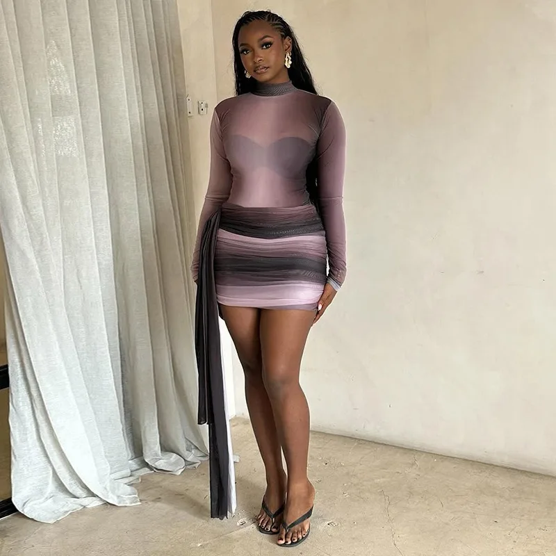 

2025 Autumn Mesh Print Gradient Pleat Ribbon Mini Dress Women Stand Collar Full Sleeve Hip Wrapped Elegant Dress Party Clubwear
