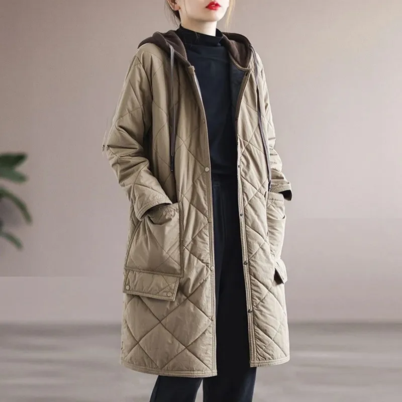 2024 Autumn Winter New Long Jacket Femmes Quilted Warm Women Hooded Lightweight Coat Black Khaki Oversize Parkas Padded Outwear