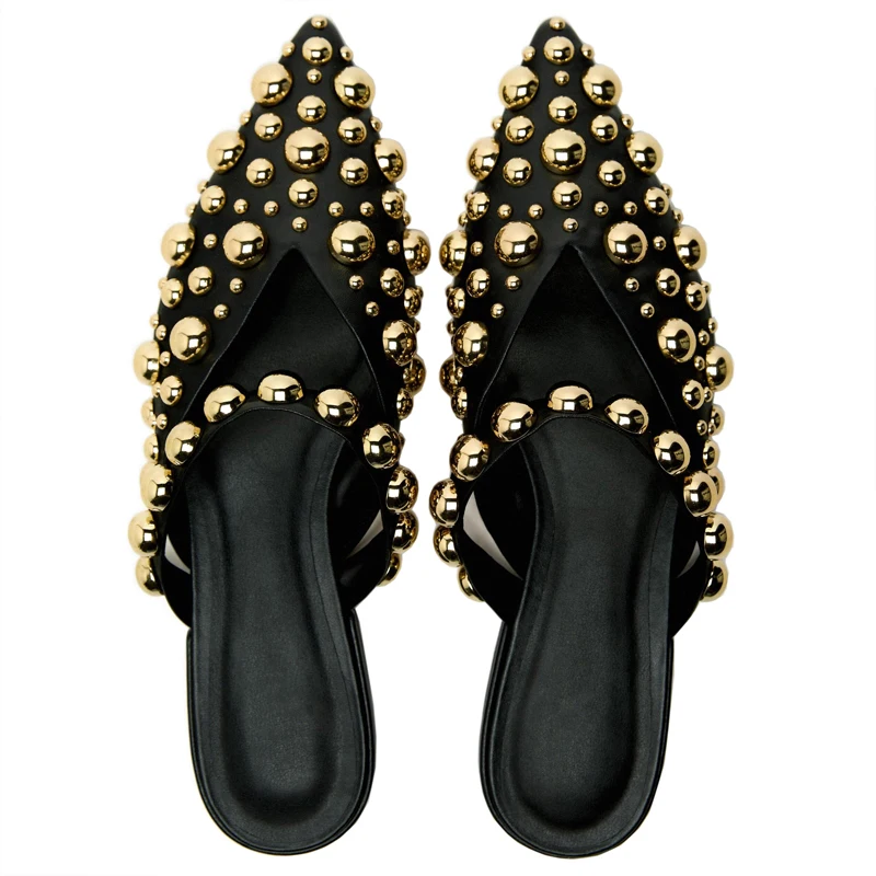 Brand Design Women\'s Slippers Rivet Pointed Toe Flats Mueller Shoes Fashion Black Modern Slipper Flat Flip Flops Slides Shoe