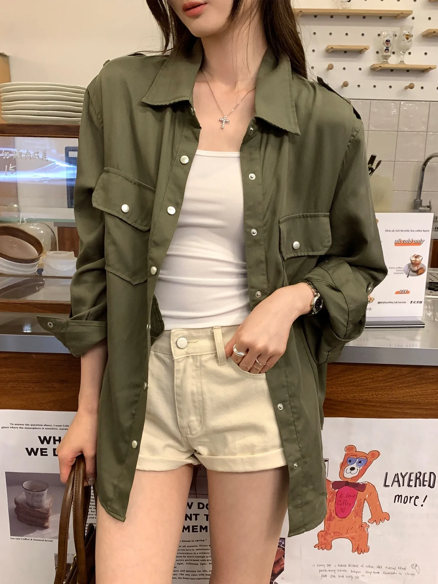 

Military Green Silk Shirt Women's Commute Workwear Style Loose Fit Long Sleeve Button up Mid-Length Pure Color Business Casual