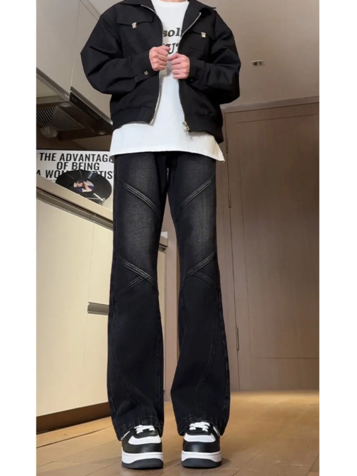 

Retro American Bla White adient Jeans Men's Trendy High Waist Slim Straight Leggings Vibe Faionable Bell Bot