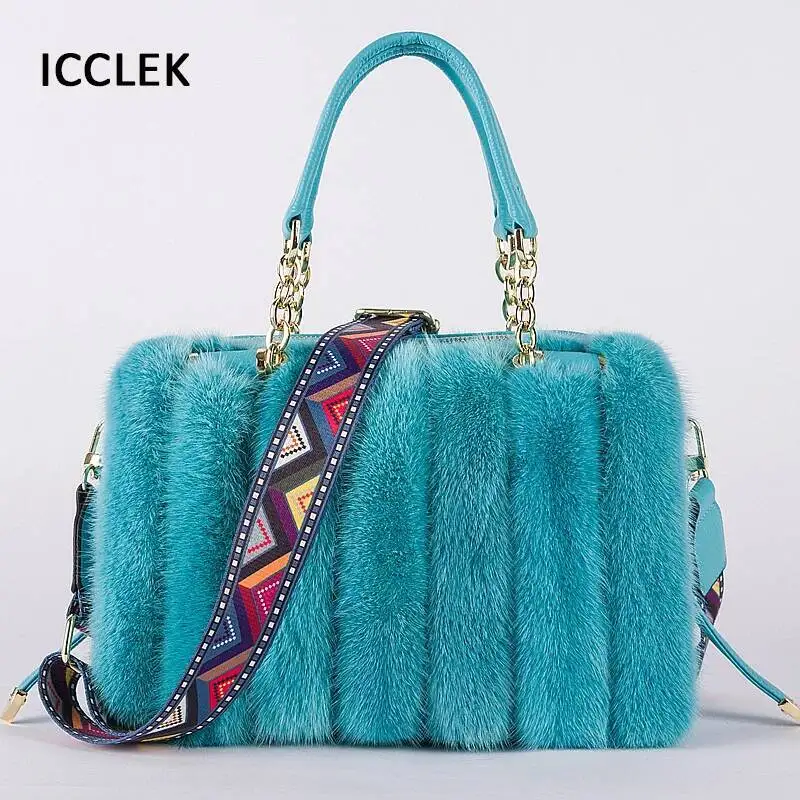 

2021 New Mink Fur Bag Women Luxury Handbags Elegant Ladies Single Shoulder Bag Female Leather Solid Color Party Hand Bag