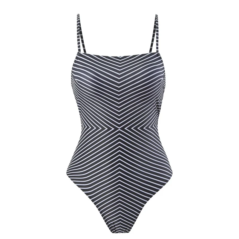 New Sexy Backless One Piece Swimsuit Women\'s Vintage Stripe Printed Swimsuit Chiffon Dress Suit