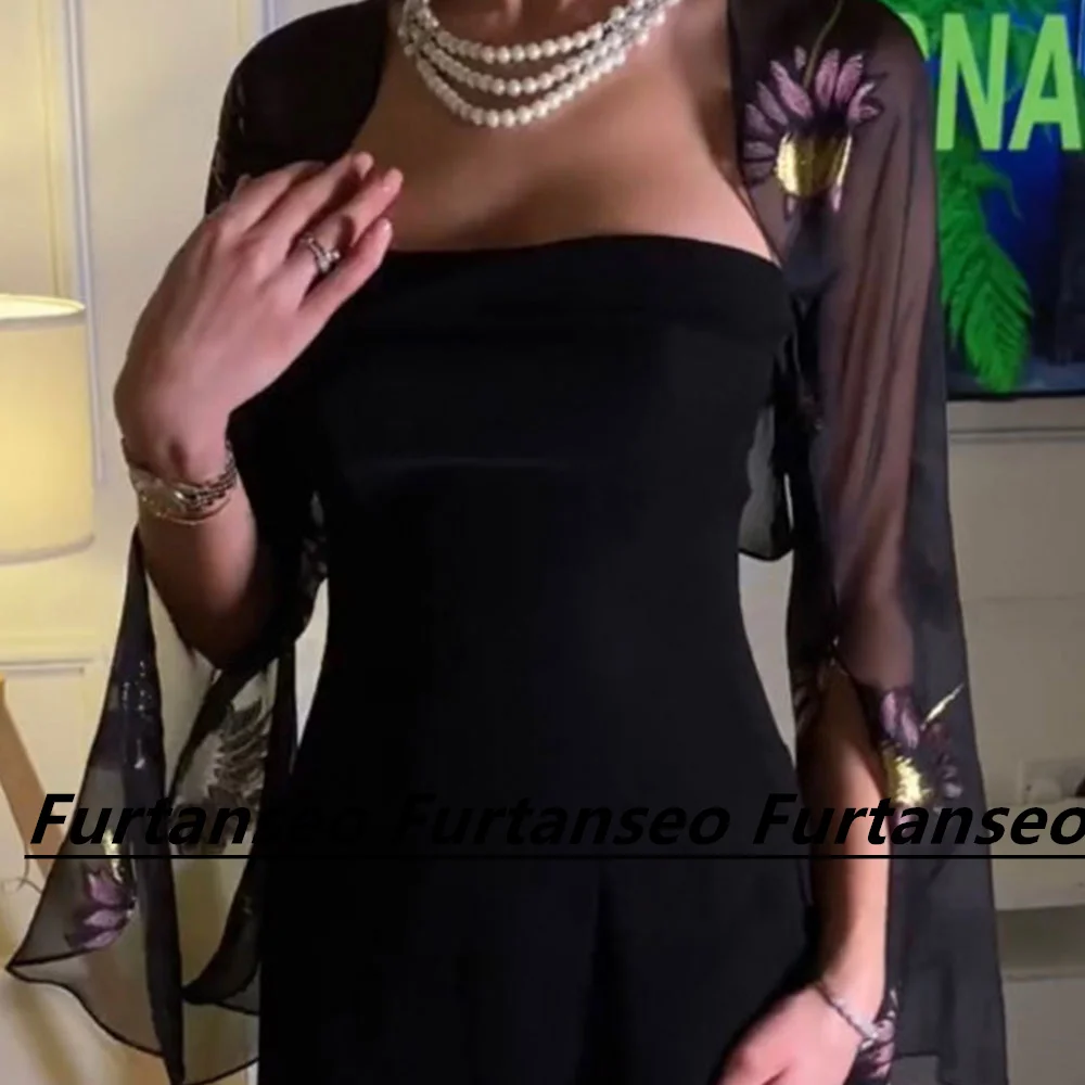Black Jersey Evening Dress Strapless Mermaid Back Zipper Saudi Arabian Long Sleeve Applique Floor Length Sexy Vestidos Prom 2023 image 6