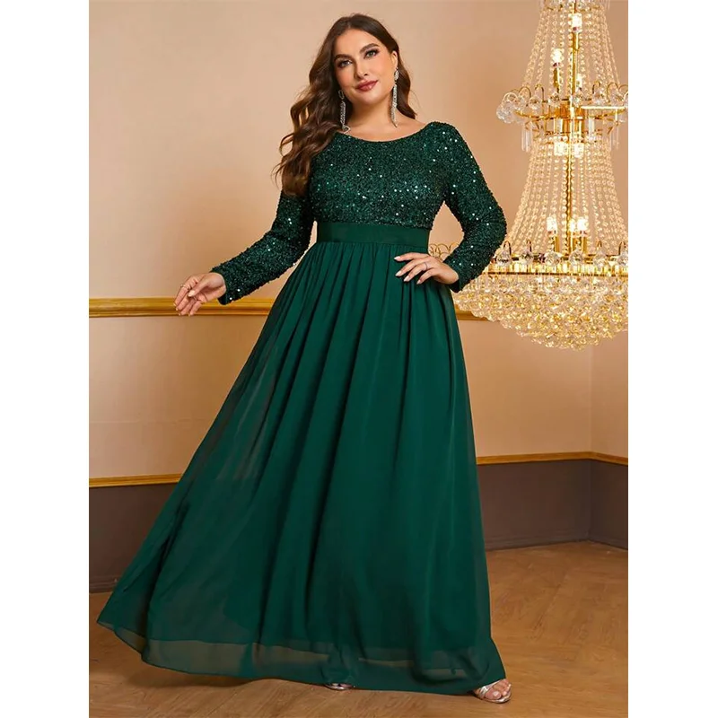 Plus Size Round Neck Sequined Multicolor Shiny Autumn Long Sleeve Dress 5XL 6XL Big Size Shiny Long Elegant Chiffon Dress