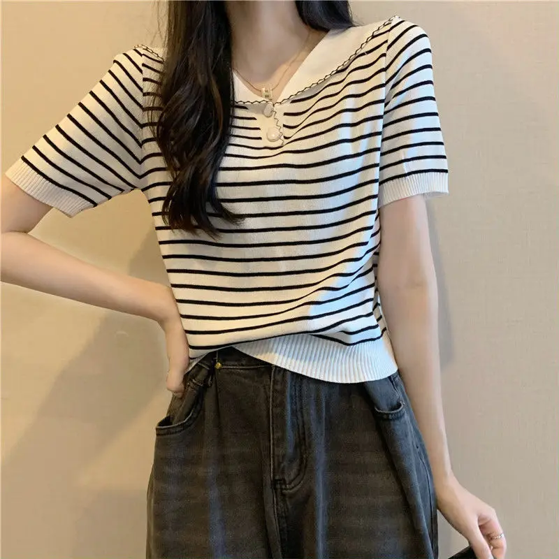 Summer New Sweet Temperament Striped Tops Tees Short Sleeve Youth All-match Knitting T Shirts Fashion Korean Women Clothing