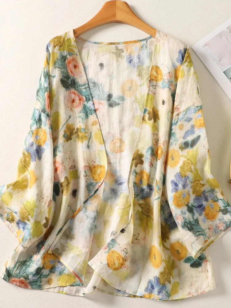

Women's Floral Printed Yellow Cotton Linen Kimono Shirts Top Spring Summer Vintage Open Front Cardigan Casual Loose Cover Ups