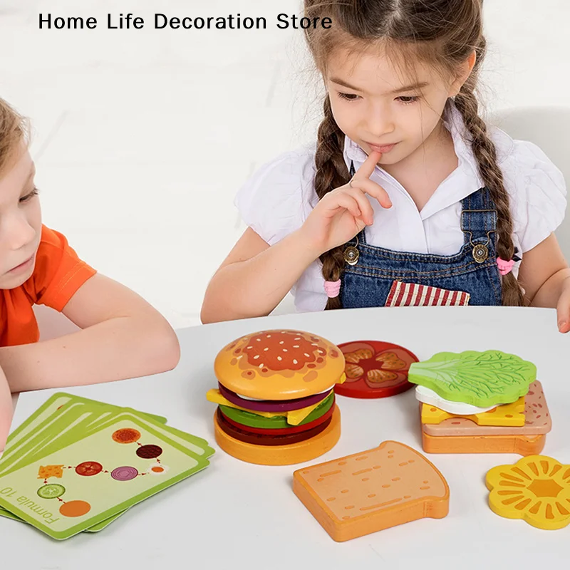 【TG】Wooden Sandwich Burger Sorting Stacking Toys Simulated Kitchen Toys Montessori Hamburger Toy for Kids Preschool Education