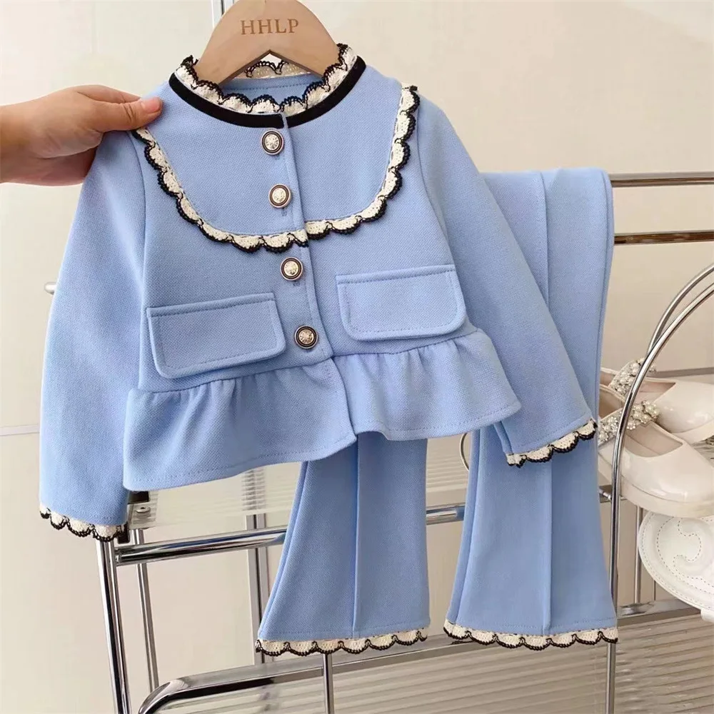 

New Set of Spring and Autumn Girls' Temperament, Small Fragrant Style Lace Edge Jacket, Flared Pants Two-piece Set