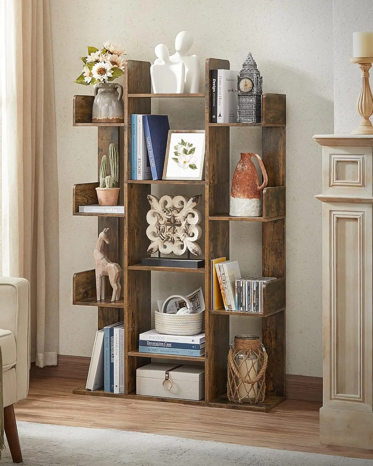 Tree-Shaped Bookcase with 13 Shelves, Rustic Brown, Compact Design for Home Storage