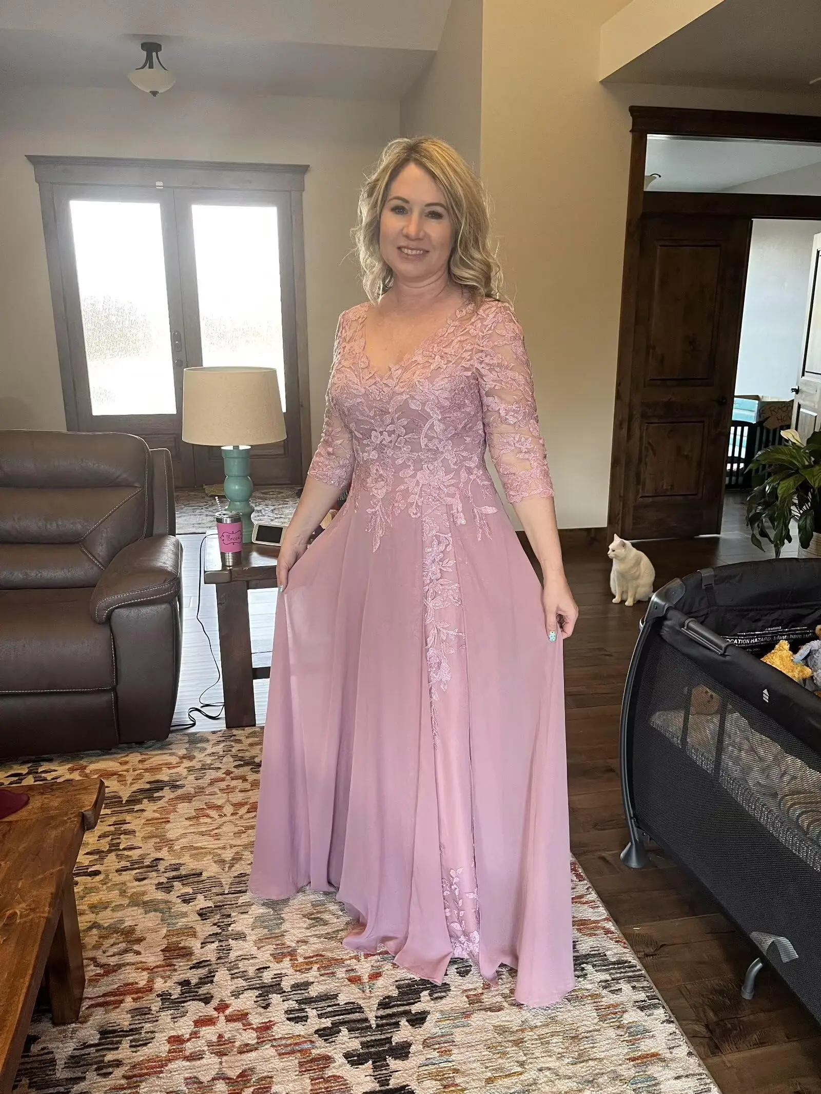 Spitzenapplikationen Kleider für die Brautmutter, 3/4-Ärmel, Chiffon, lange Kleider für die Brautmutter für die Hochzeit