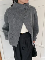 New Hand Stitch Double-sided Wool Short Coat Fashion Loose Stand Collar Single Breasted Pure Woolen Coat Top Warm Autumn Winter