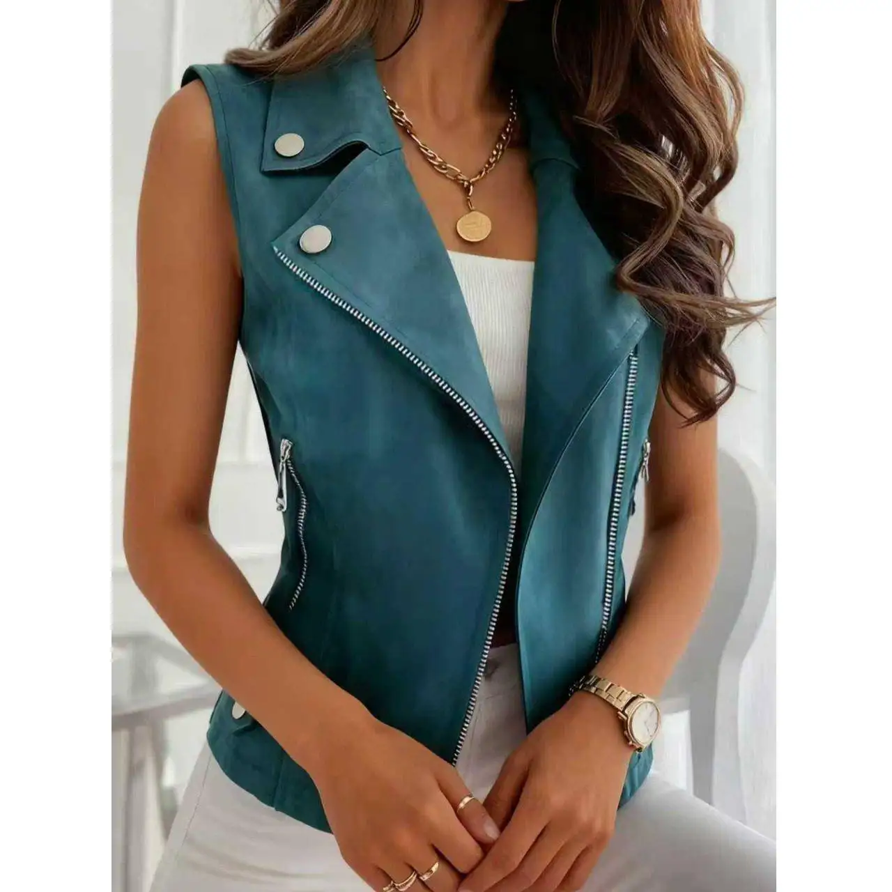 

Spring Summer New Faion Versatile Pure Color Zipper Deer Suede Casual Svel Vest Jaet Women's Sle Outdoor Leisure
