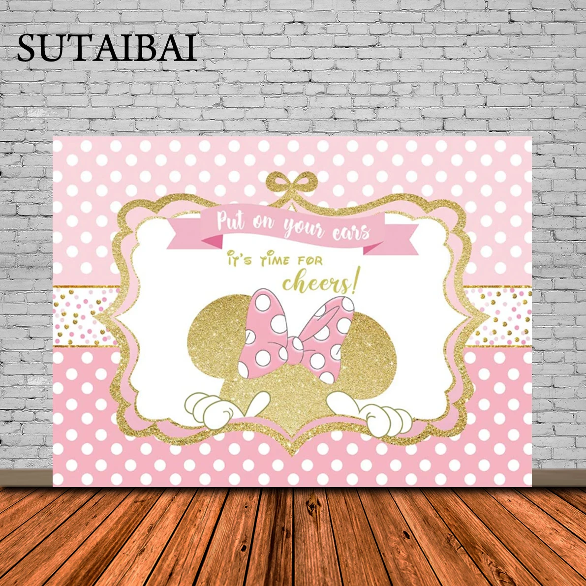 

Golden Pink Minnie Mouse Cheers Backdrop Pink White Dots Girls Princess Children Birthday Decorations Baby Shower Background