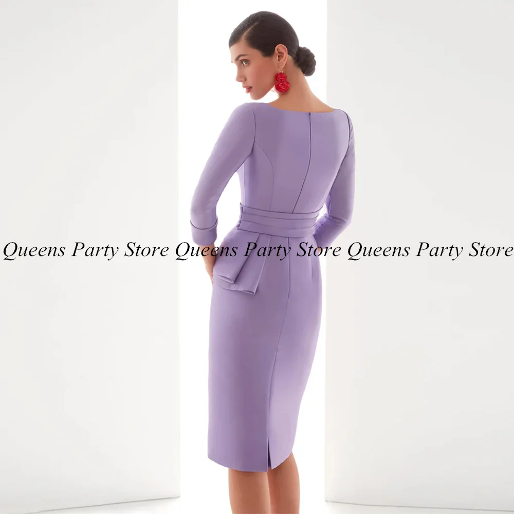 Lilac Mother of The Bride Dress V Neck 3/4 Sleeves Pleat Buttons Back Zipper Up Knee Length Sheath Short Wedding Guest Gown