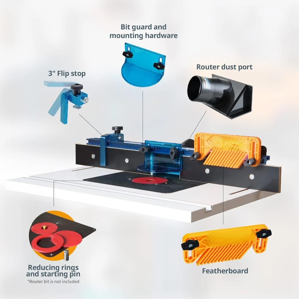 Bench Top Router Table and Fence Set with 24” x 16” Laminated MDF Top 2-1/2” Dust Collection Port and Featherboard