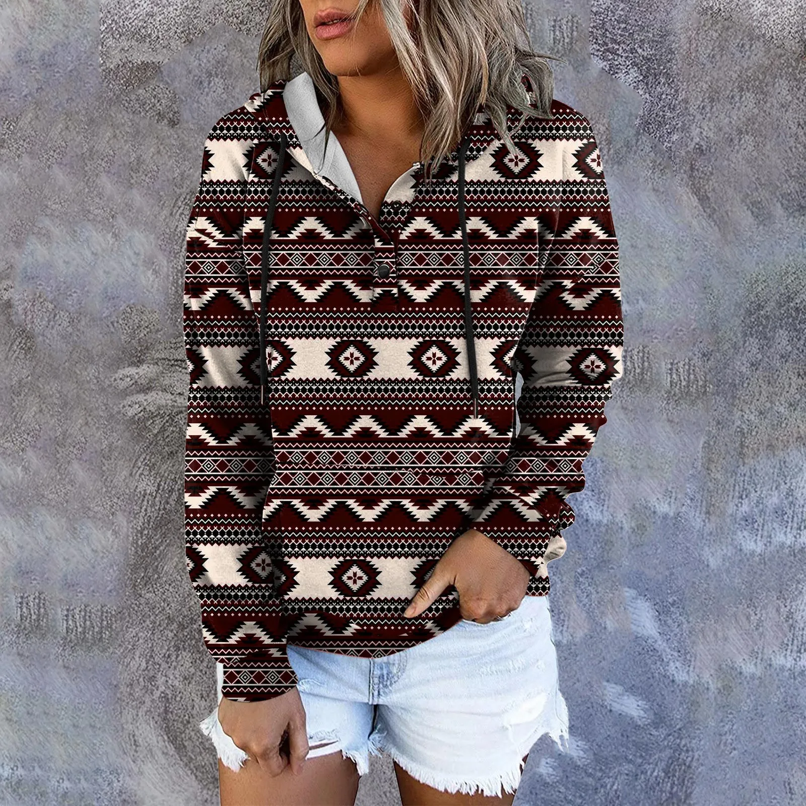 Womens Fashion Sweatshirt Ethnic Print Boho Western Retro Pattern Hoodie Pullover Button Hooded Jacket Woman Winter Clothes