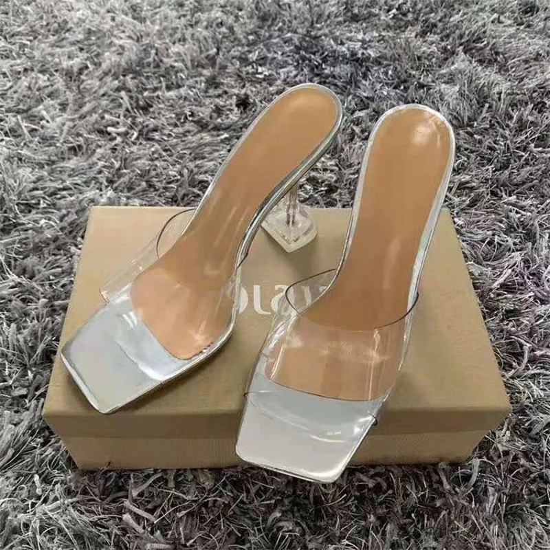 

Plus Size Western Style Square Toe Clear High Heel Leopard Print Slides Women's 2026 New Stiletto Heel Sandals