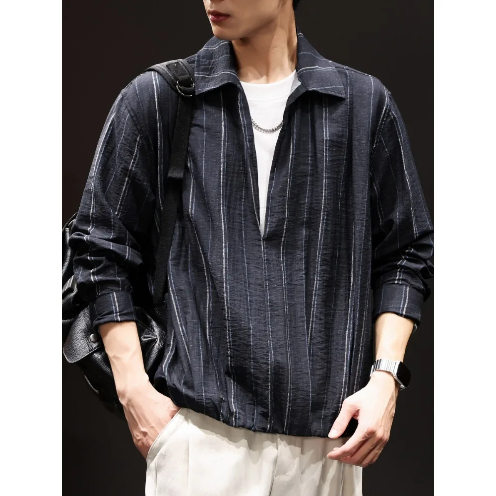 Vintage Mens Crinkled Vertical Stripe Pullover Shirts Long Sleeve Half Placket Collar Oversized Daily Casual Breathable Blouse