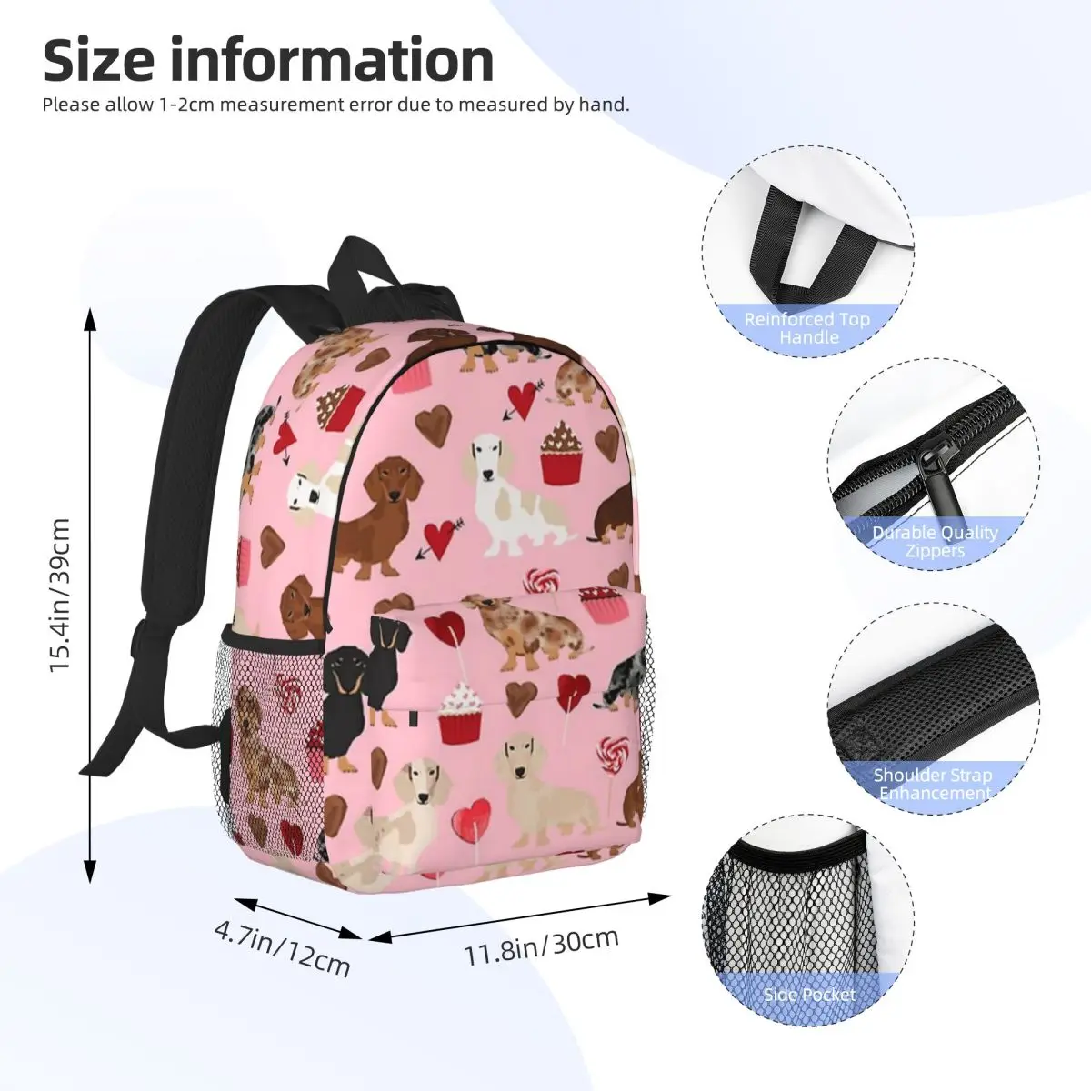 Mochila escolar informal ligera con estampado de perros salchicha, galletas, corazones, para la escuela, al aire libre, compras, oficina, 15 pulgadas