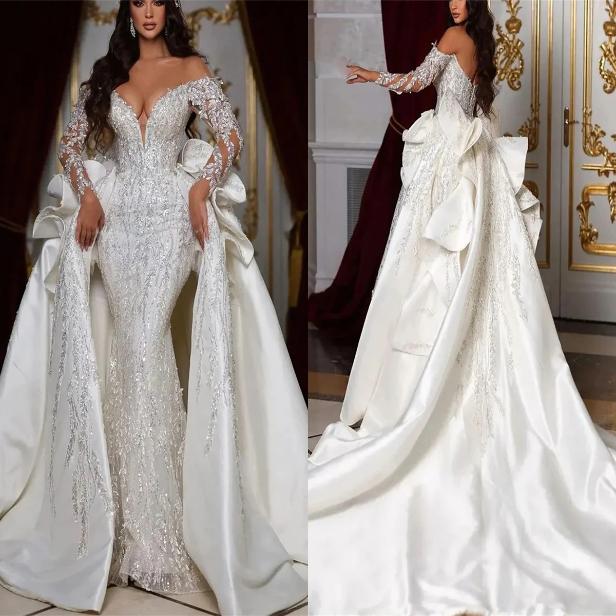 

Gorgeous Mermaid Wedding Dresses with Detachable Train Bridal Gowns Custom Made Long Sleeves Appliques Lace Robe De Mariee