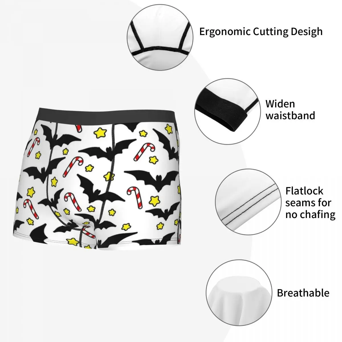 Novidade Cute Cartoon Bats Boxer, Natal Candy Shorts, Cuecas para Homens, Cuecas Longas, Cuecas Macias para Homens, S-XXL