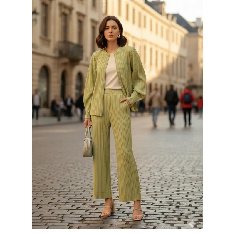 

Miyake Pleated Imitation Denim Suit Plisse 2026 Spring Summer New Versatile Cardigan Jacket+casual Straight Pants Two-piece Set
