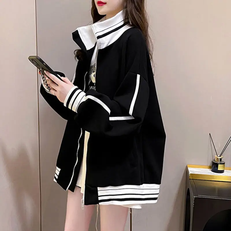 With Zipper Coat Women\'s Sweatshirt White Top Full Zip Up Designer Goth Xxl Trend Long Woman Clothing  Sleeve Nice Color 2000s E