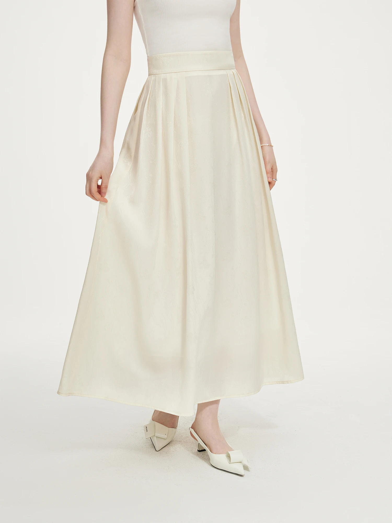 FSLE Women Autumn Sets Round Neck Long Puff Sleeve Women Beige Blouses High Waist Temperament Pleated Skirt 24FS13175+24FS13176