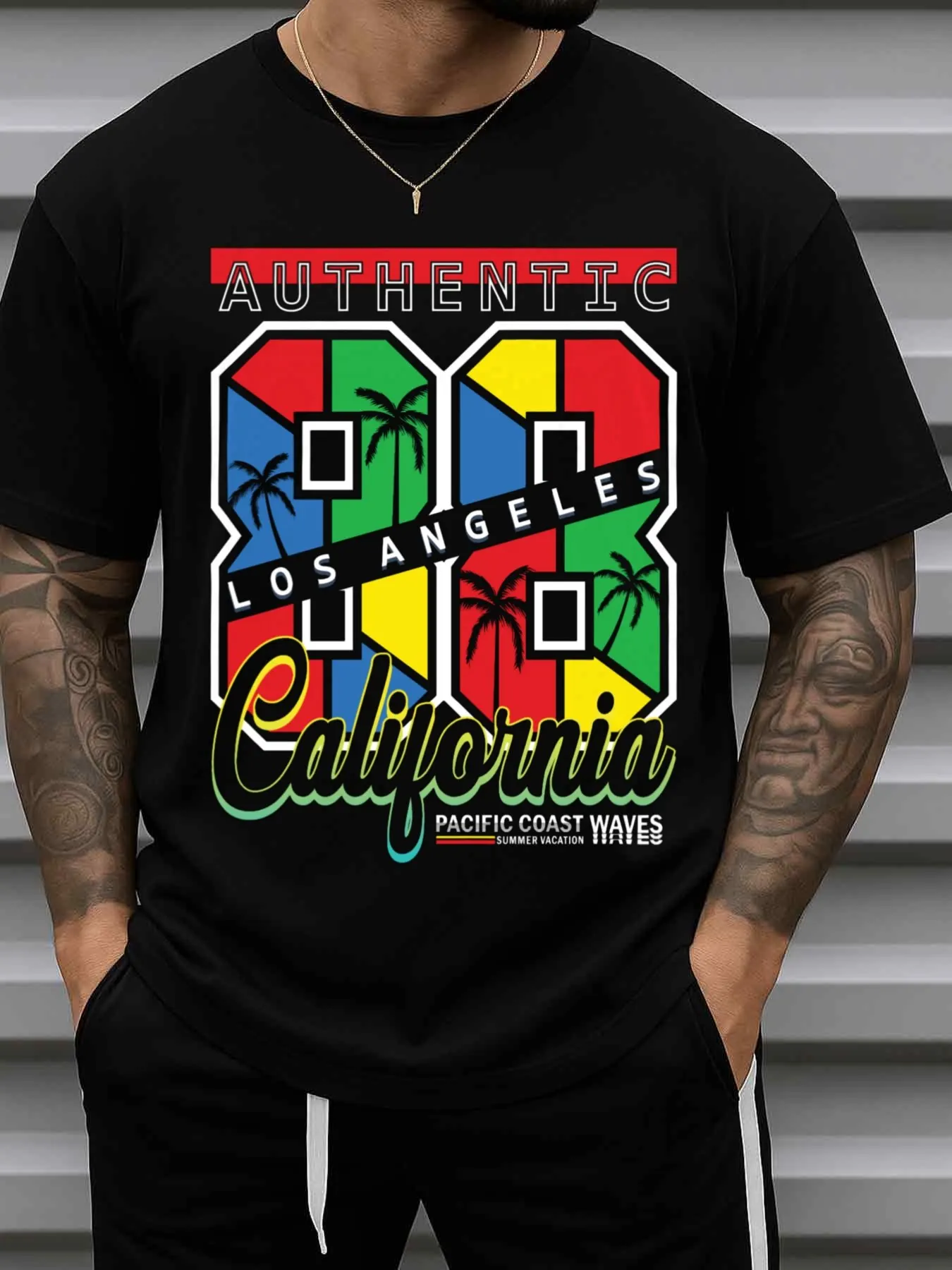 Men's Authentic Los Angeles Style T-Shirt Pure Black Y2K Hip-Hop Street Style Round Neck Short Sleeve T-Shirt - Spring/Summer Casual Urban Style Daily Wear and New Year Gift