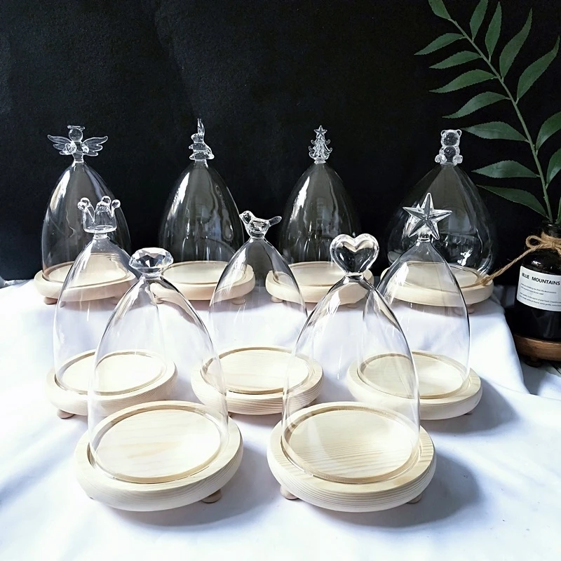 Vase en verre avec dôme supérieur de différentes tailles (10*15cm), décoration d'intérieur, base en bois à trois pieds, couvercle transparent, cadeau pour amis, mariage, accessoire de scène