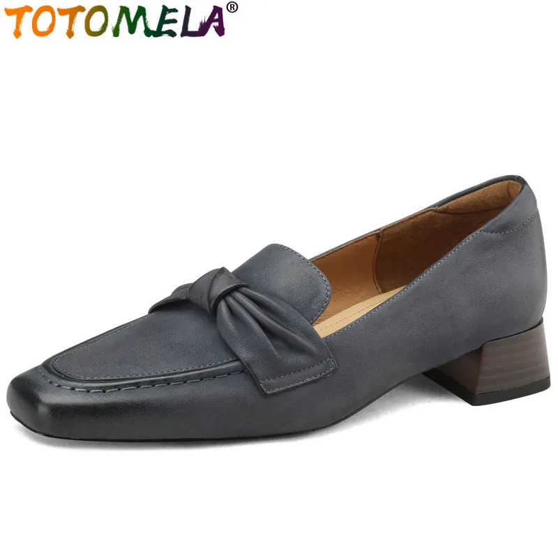 

TOTOMELA 2024 New Pleated Ladies Slip On Pumps Vintage Sheepskin Loafers Shoes Woman Shallow Square Med Heels Shoes