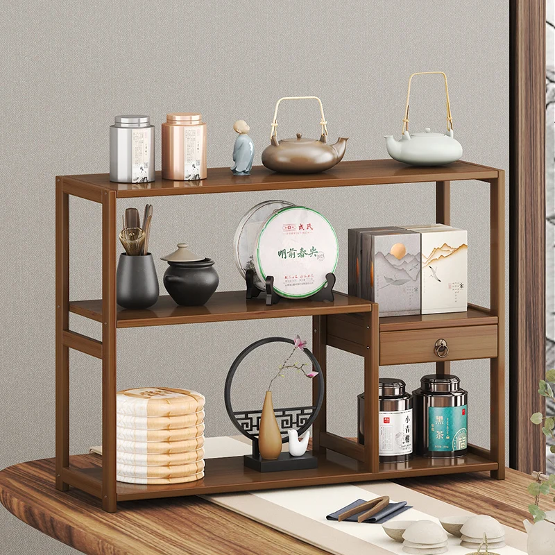 Bamboo Tea Organizer Desktop Display Shelf for Tea Room AntiSlip Storage for Cups & Teapots Tea Storage Solution