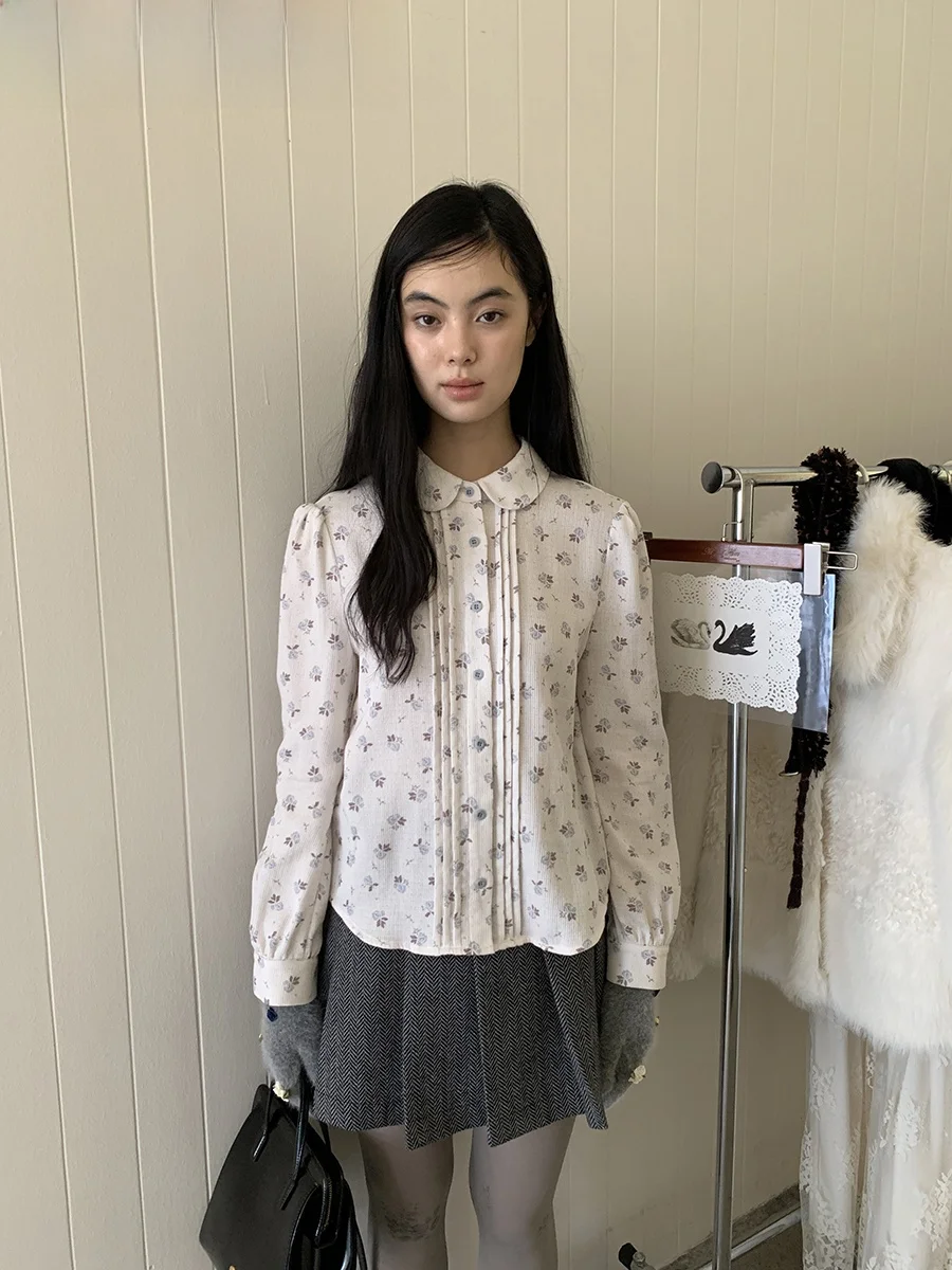 

Синяя рубашка с цветочным принтом и длинными рукавами, с воротником-стойкой, в корейском стиле, свободного кроя, из дышащего хлопка, женская модная осенняя рубашка