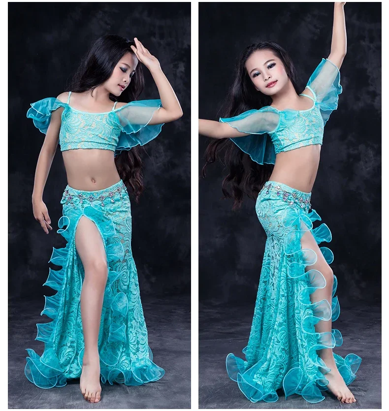 Girls Belly Dancing Clothes Luxury Sleeveless Top+Lace Split 2pcs Child Dance Set Kids Belly Dance Suit SML