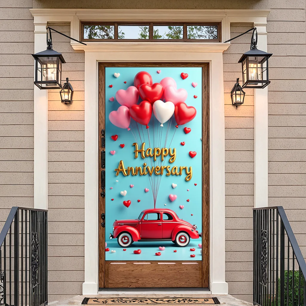 Vintage Car Anniversary Backdrop Banner : Heart Balloons Graphic Art for Wedding & Party Celebrations - DIY Event Decoration