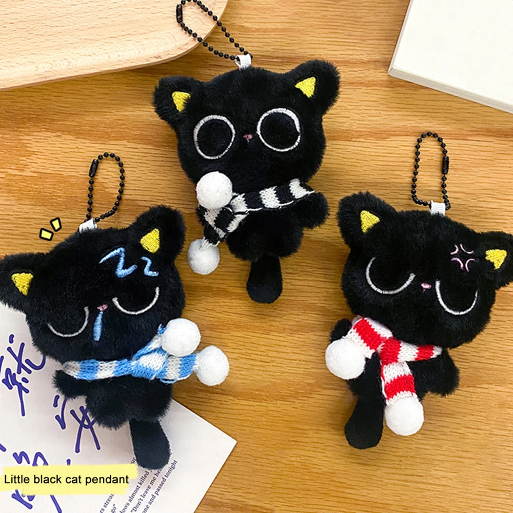 Little Black  Pendant Cartoon Plush Kitten Doll Charms With Beaded Chain Cuddly Cute Black Kitten Keychain For Boys Girls Gifts