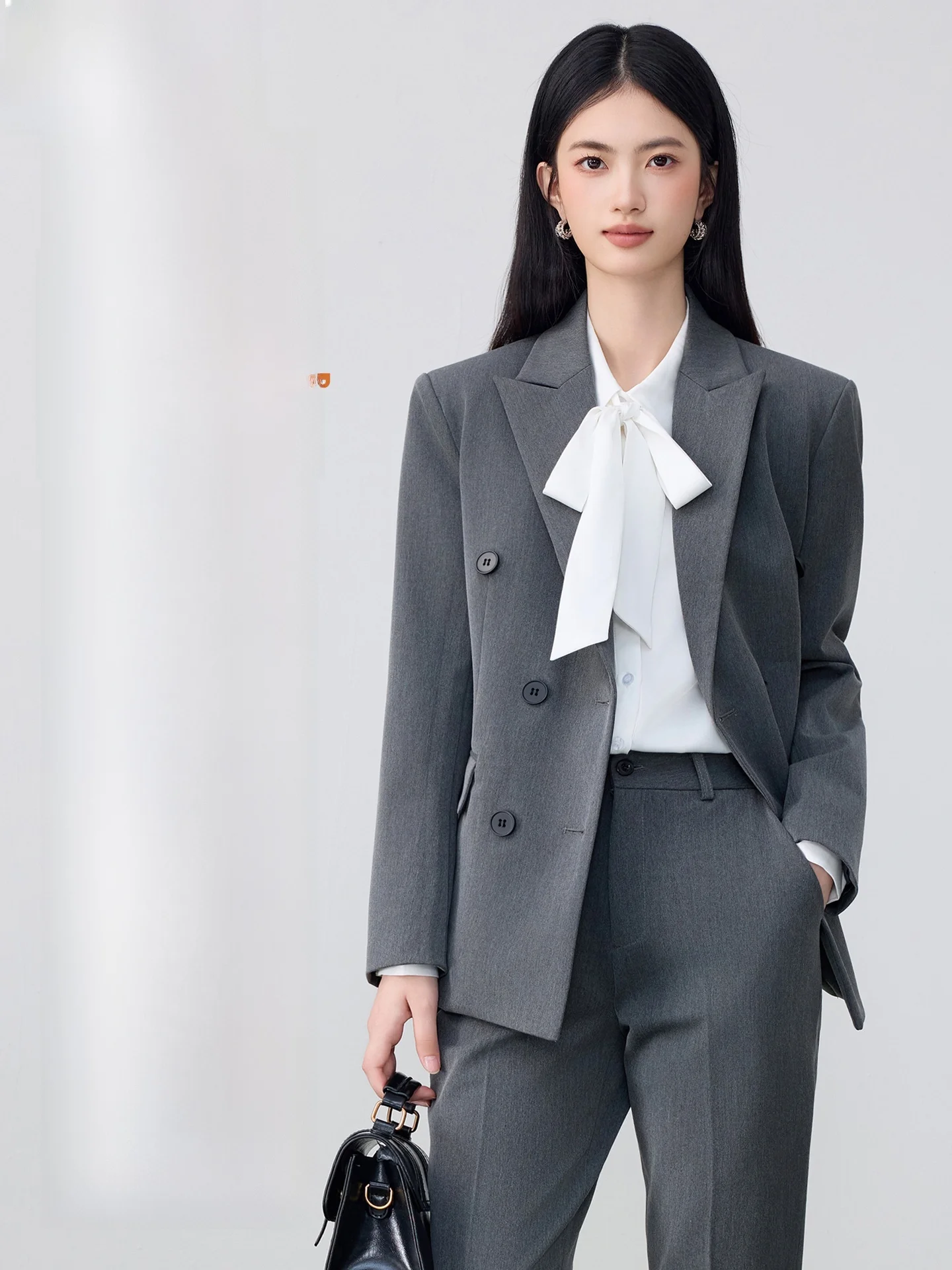Gray Suit Jacket Women's Elegant Professional Light Work Interview Formal Career Set Work Uniform Three-Button Sleeve Cuff